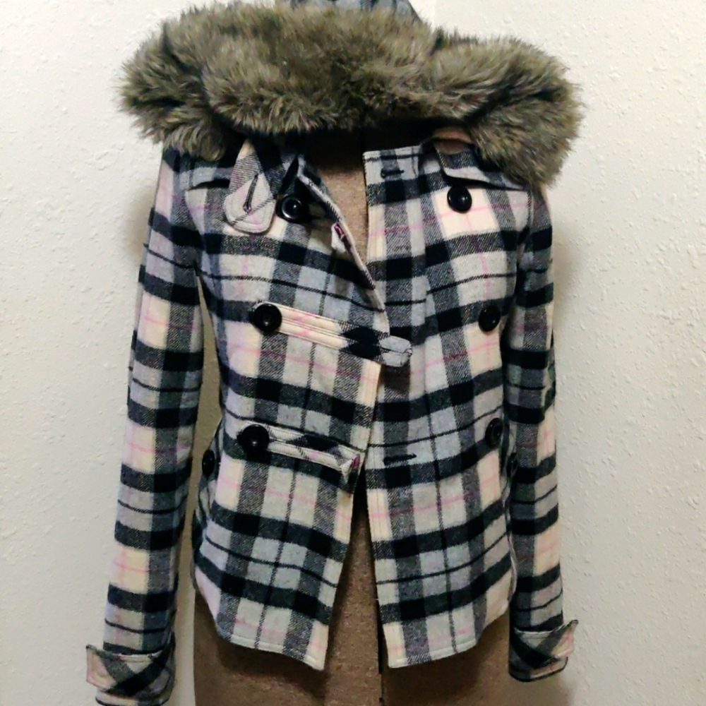 Vintage PINK Victoria's Secret Plaid Jacket with Faux Fur Collar